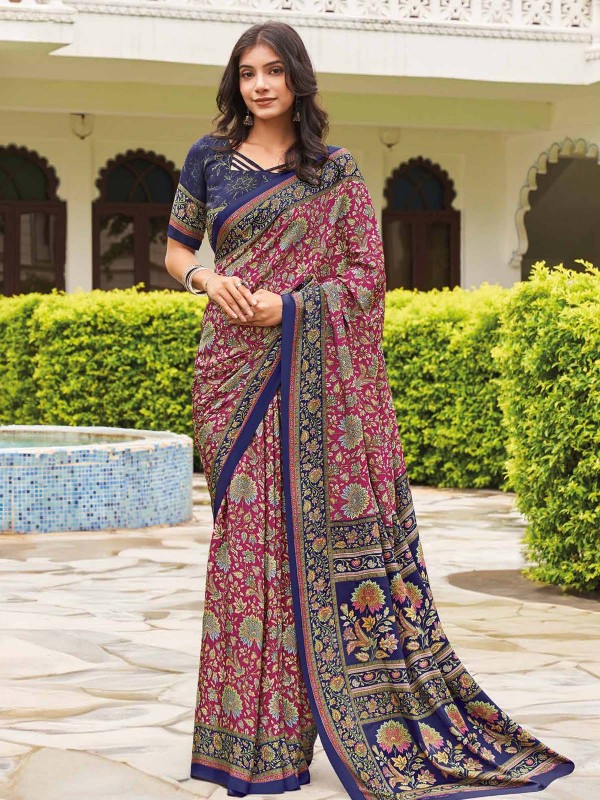 Dark Pink Crepe Silk Digital Print Saree